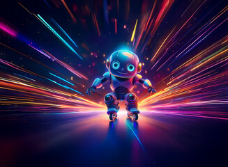 Wall Mural - a cute robot on roller skates zooms through a vibrant, colorful light trail, radiating energy and sp