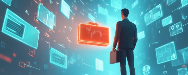 Poster - a professional looking at digital data and analytics, surrounded by glowing screens, symbolizing tec