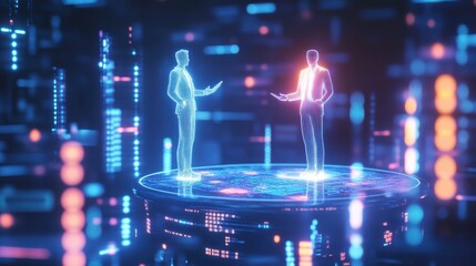 Poster - two holographic figures interact on a futuristic platform, surrounded by vibrant digital elements, s