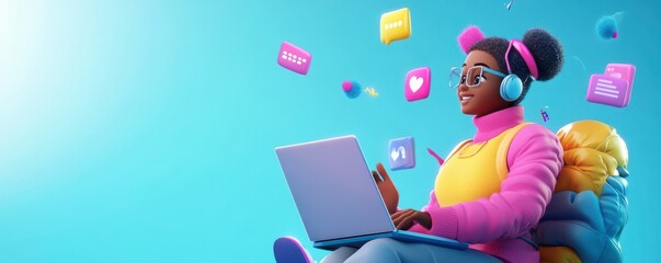 Poster - A young woman with headphones is focused on her laptop, surrounded by colorful floating icons, representing digital communication and technology.