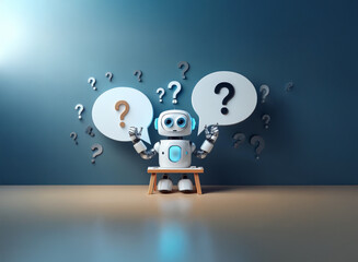 Wall Mural - a cute robot sits on a small bench, surrounded by question mark speech bubbles, pondering solutions.