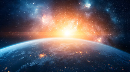 Wall Mural - stunning view of earth from space, bathed in the warm glow of a rising sun. vibrant nebulae and coun