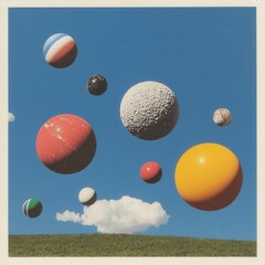 Poster - Floating cosmic spheres in a bright sky surreal fantasy environment whimsical viewpoint