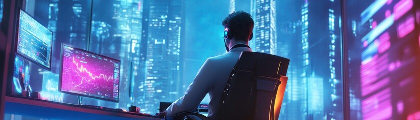 Poster - A person in a futuristic office setting, illuminated by colorful screens, focuses on digital charts and data against a backdrop of cybernetic cityscapes.
