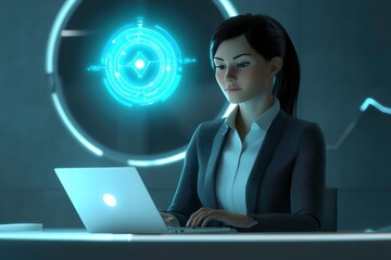 Poster - A focused woman works on a laptop, surrounded by futuristic digital elements, suggesting a high-tech environment.
