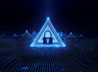 Glowing blue padlock secured within nested neon triangles, set against a dark, gridded landscape of pyramids.  Represents digital security and protection.