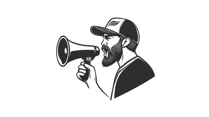 Bearded man shouting into megaphone, announcement, protest, outdoor background, marketing