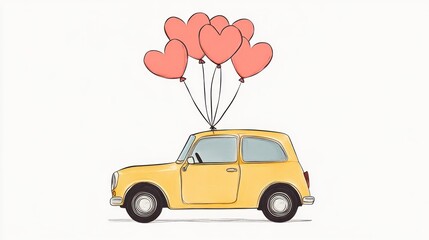  Yellow car with heart balloons, romantic travel