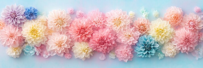 Wall Mural - Different pink pastel dahlia flowers background. Banner, card for spring, summer, gardening. Floristic decoration. Natural floral background.