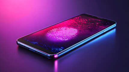 Poster - A sleek smartphone displays a glowing fingerprint graphic on its screen, set against a vibrant purple and pink background. The image emphasizes biometric security and modern technology.