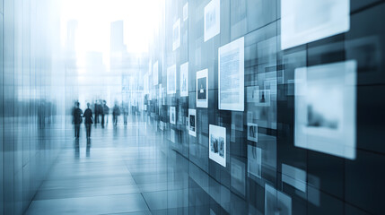 Aufkleber - Abstract image depicting a futuristic hallway with blurred figures walking past a wall of digital screens displaying various data and information.  Modern, technological, and forward-thinking concept.