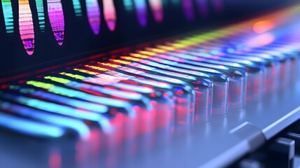 Poster - Abstract close-up of vibrant, colorful tubes, resembling a futuristic technological or scientific instrument.  The image evokes feelings of innovation and data processing.