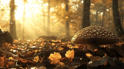 Aufkleber - Autumnal Forest Mushroom Basking In Sunlight