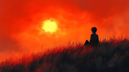 Wall Mural - Sunset Silhouette Person Contemplating fiery sky, meadow