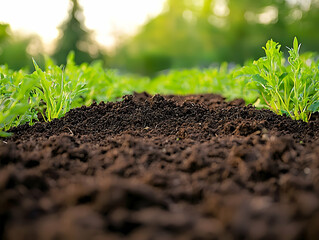 Poster - Young plants growing in rich soil at sunset