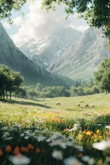 Sticker - Horses graze peacefully in a lush alpine valley