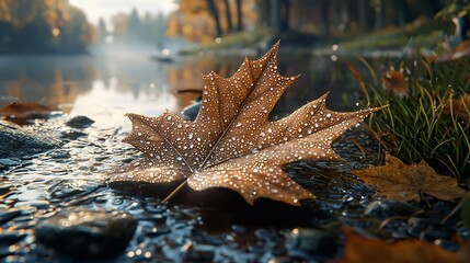 Aufkleber - Dewdrops Adorn Autumn Maple Leaf By Water