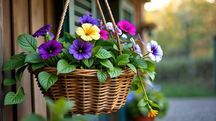 Poster - A basket with petunia flowers hanging from a wooden beam. The flowers are purple, yellow, and pink