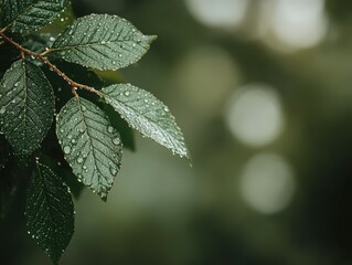 Wall Mural - Close-up of water droplets on lush green leaves