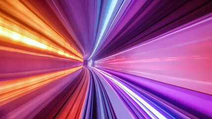 Poster - Abstract vibrant image of a tunnel with streaks of light in orange, purple, and blue, creating a dynamic and energetic feel. Ideal for tech, speed, or futuristic themes.
