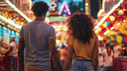 Wall Mural - Multicultural couple holding hands watching live carnival performance, surrounded by vibrant food vendors and crowd.