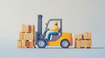 A warehouse environment showing a worker transporting goods using a forklift, symbolizing effective material handling, isolated on a white background