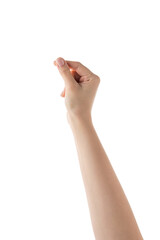 Wall Mural - young female right hand hold something thin or small isolated on white