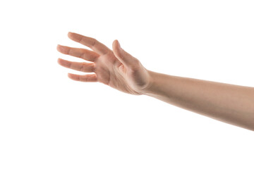 Wall Mural - young woman hand reaching isolated on white background