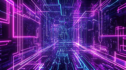 Poster - Neon Circuitry Tunnel Abstract Digital Art