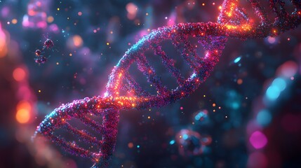 Poster - 3d rendering of a DNA double helix surrounded by vibrant glowing chemical structures and molecular models illustrating complex biology concepts with a futuristic touch