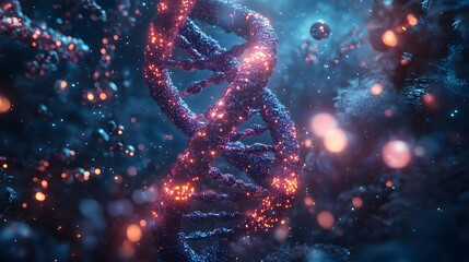 Poster - 3d rendering of a DNA double helix surrounded by vibrant glowing chemical structures and molecular models illustrating complex biology concepts with a futuristic touch