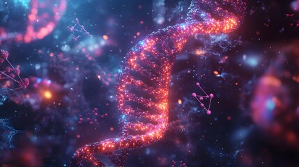 Poster - 3d rendering of a DNA double helix surrounded by vibrant glowing chemical structures and molecular models illustrating complex biology concepts with a futuristic touch
