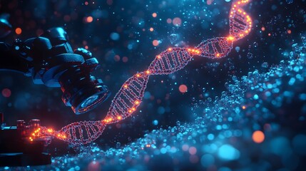 Poster - 3d rendering of DNA strands being analyzed under a digital microscope surrounded by detailed chemical formulas and biological pathways