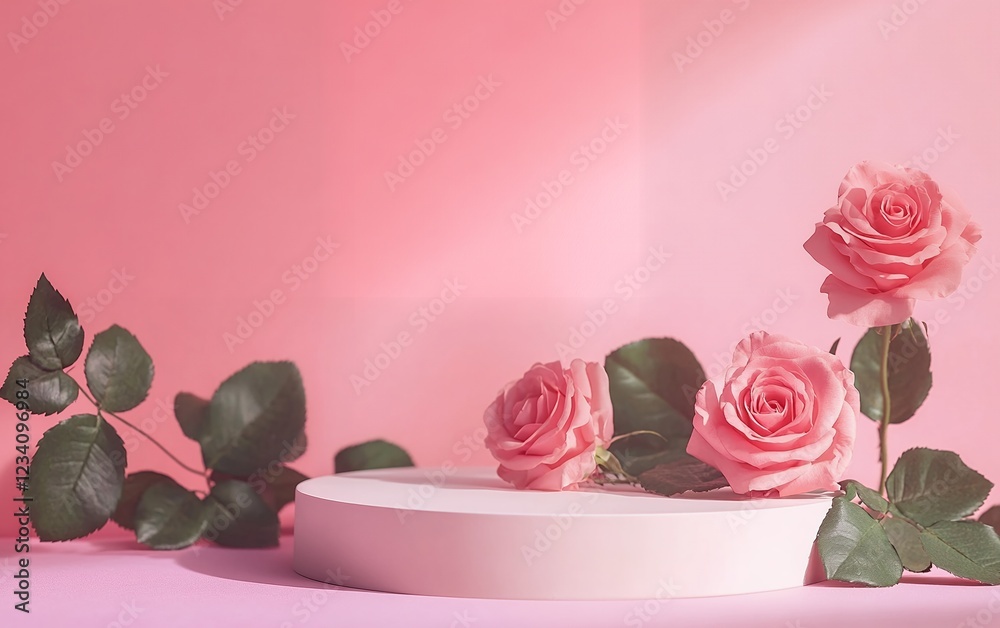 Pink Roses Photo Display Beautiful pink roses on white round display platform with soft pink ...