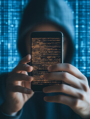 Poster - cybersecurity threat: an ominous silhouette of a hooded figure holding a smartphone with glowing cod