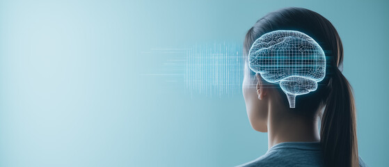 Poster - Cognitive Power: A woman viewed from behind, a translucent brain graphic superimposed on her head, suggesting mental processes, intelligence, and the power of the mind.  