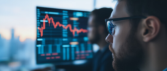 Poster - Market Analyst Studying Data: A focused man wearing glasses intently studies a computer screen displaying dynamic market data graphs.
