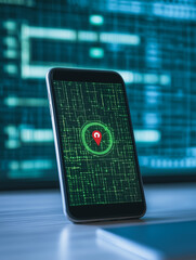 Poster - Cybersecurity alert on Smartphone: A smartphone displays a red location pin within a digital green code, suggesting a cybersecurity alert or GPS tracking.