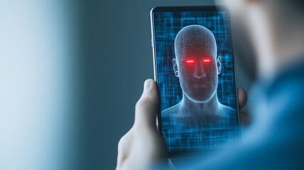 Poster - cybersecurity threat: a person holds a smartphone displaying a digital face with glowing red eyes, s