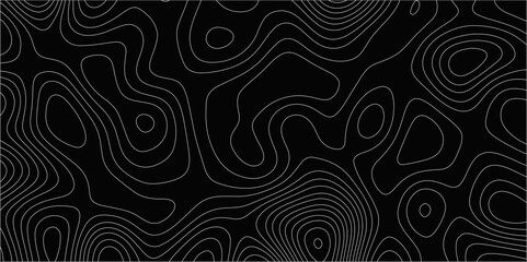 Poster - Abstract white on black background with Topographic line map pattern. abstract wavy and curved lines background. linear map. Dark seamless design. Bold tile able isolines pattern. Vector illustration.