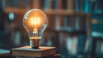 Poster - A glowing light bulb rests on a book, symbolizing ideas and knowledge, with a blurred library backdrop enhancing the intellectual ambiance.