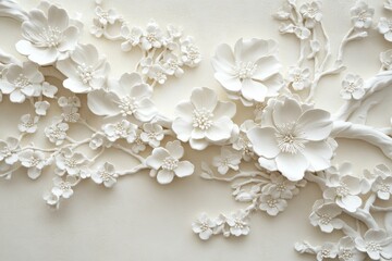 Wall Mural - The composition becomes dynamic and textured with its intricate stucco reliefs and sakura flowers at different stages of blooming