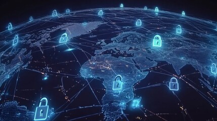 Aufkleber - A digital globe showcasing interconnected networks with glowing padlocks, symbolizing global cybersecurity and data protection.
