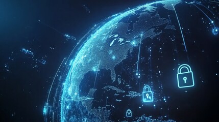 Poster - A digital representation of Earth featuring glowing lock icons, symbolizing cybersecurity and global connectivity.