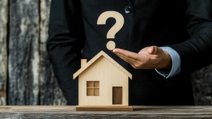 Poster - A businessman contemplates real estate decisions, featuring a wooden house model and a question mark, symbolizing uncertainty in housing choices.