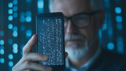 Poster - Data Driven Decisions: A mature man with grey beard in glasses, holds a smartphone displaying a screen of code. He looks intently at the phone, in the foreground, showcasing the world of data.