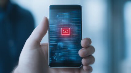 Poster - Smartphone Security Breach: A hand holds a smartphone displaying a warning sign over a backdrop of digital code, symbolizing a critical security threat or system failure.