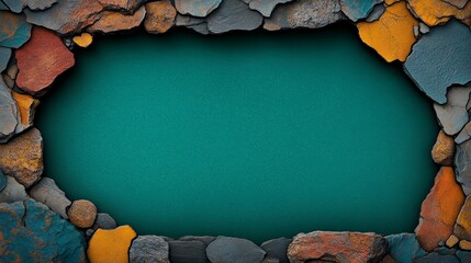 Stone Frame on Teal Background: A rustic and textured frame of colorful stones surrounding a blank teal background, offering a captivating canvas for your creative projects.  