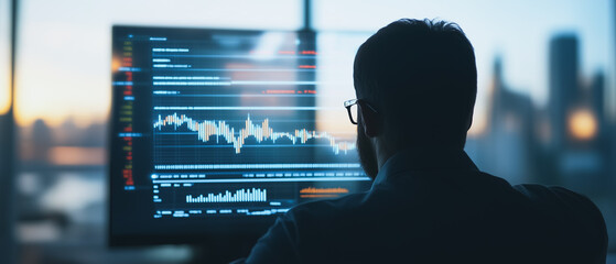 Poster - Analyzing Market Trends: A focused businessman reviews financial data on a large computer monitor, silhouetted against a stunning cityscape at sunset. The image conveys concentration, analysis.