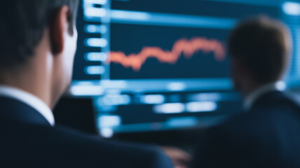 Poster - Market Analysis: Two focused professionals scrutinize a large monitor displaying a dynamic financial graph, a vivid representation of data-driven decision-making in the bustling world of business.  